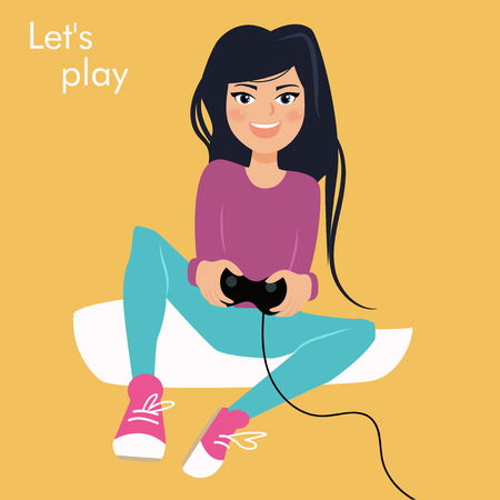 Girl playing. Game pad.のイラスト素材