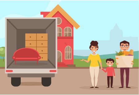 Family moved into a new house. Mother, father, son. Man holding a box. Vector illustration. Cartoon character. Isolatedのイラスト素材