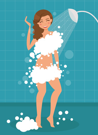 Woman taking shower. illustration. Cartoon character Isolatedのイラスト素材