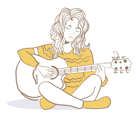 Girl playing the guitar. Vector illustration. Cartoon character. Isolatedのイラスト素材