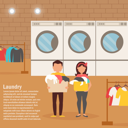 Woman and man in the Laundry room. Washing clothes. Vector illustration. Cartoon character. Isolated. Flat.のイラスト素材