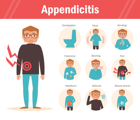 Symptoms of appendicitis: constipation, fever, vomiting, flatulence, burping, pain heartburn dizziness muscle tension Cartoon character Isolated Flatのイラスト素材