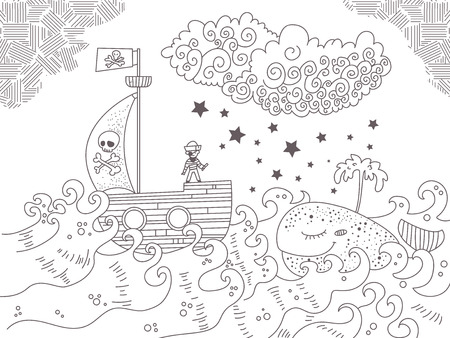 Childrens illustration with pirate shipのイラスト素材