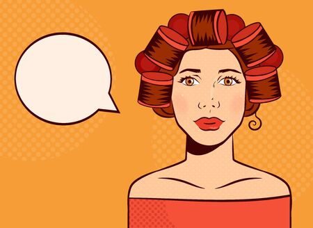 Woman with curlers on her head. Pop art. Isolated art. Vector. Cartoon. Flatのイラスト素材