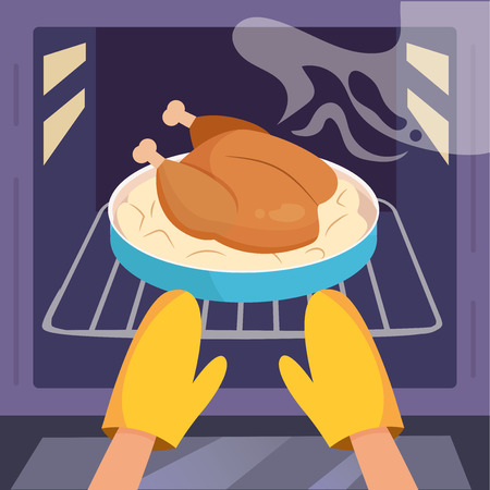 Chicken in the oven. Hands in kitchen gloves. Vector. Cartoon. Flatのイラスト素材