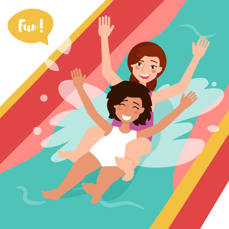 Two girls ride the water slide.のイラスト素材
