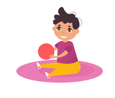 Little boy with a red ball sitting on the matのイラスト素材