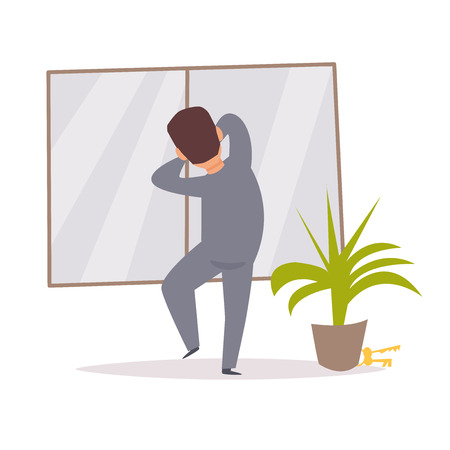 Thief climbs in window. Robber. Vector. Cartoon. Isolated art on white background. Flatのイラスト素材