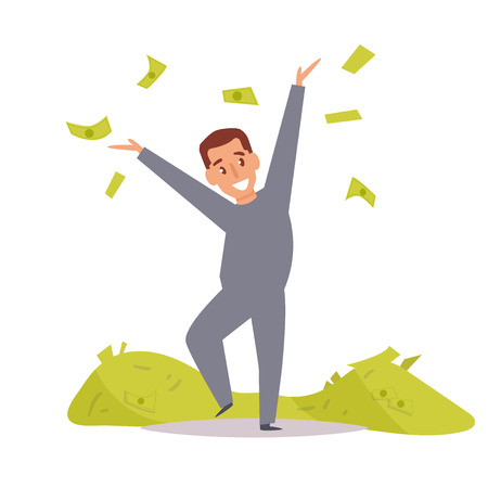 Criminal with piles of money. Robber. Vector. Cartoon. Isolated art on white background. Flatのイラスト素材