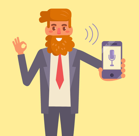 Man holding smartphone with voice control icon on yellow background.のイラスト素材