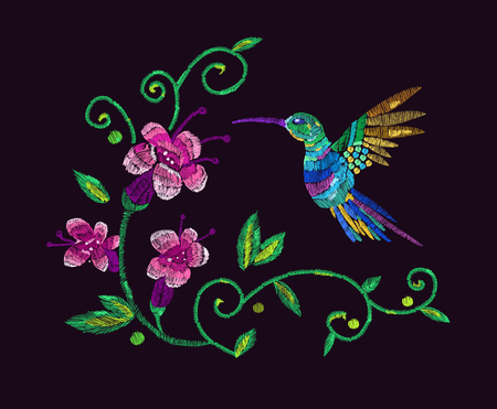 Embroidery of Hummingbirds and exotic flowers on black background.のイラスト素材
