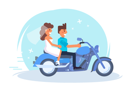 Extreme wedding concept with man and woman on motorcycle.   Cartoon Vector illustration.のイラスト素材