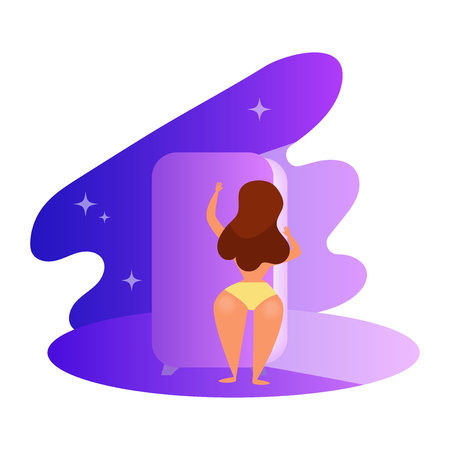 Fat woman takes food from fridge at nightのイラスト素材