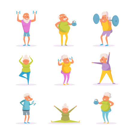 Old people set sport Vector. Cartoon. Isolated art on white background. Flatのイラスト素材
