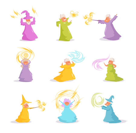 Sorcerer, wizard, set Vector. Cartoon. Isolated art on white background Flatのイラスト素材