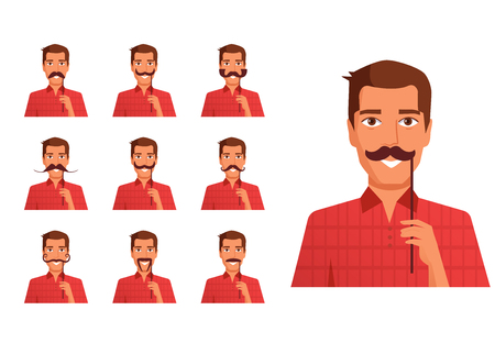Man holding a fake mustache on a stick Vector. Cartoon. Isolated art on white background. Flatのイラスト素材