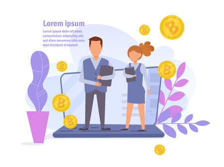 Bitcoin Online earnings. Salary Vector. Cartoon. Isolated art on white background. Flatのイラスト素材