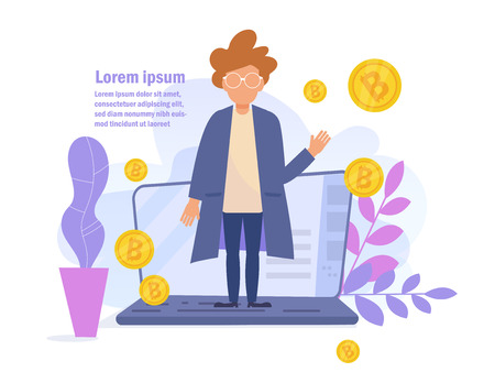 Concept of bitcoin Online earnings. Salary Vector. Cartoon. Isolated art on white background.のイラスト素材