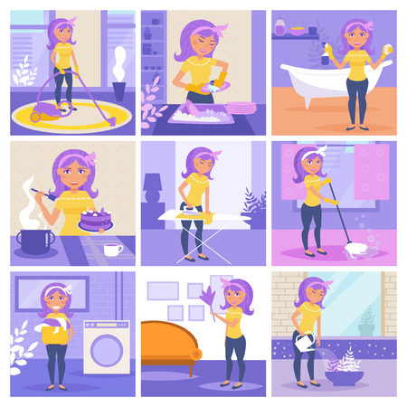 Housewife. Cleaning, cooking, washing, Ironing, watering flowers. Homework Cleaning lady Vector isolated illustration Cartoon characters Set Woman workのイラスト素材