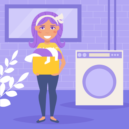 Housewife washes clothes Vector illustration. Cartoon character. Isolated.のイラスト素材
