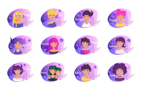 Signs of the zodiac. Horoscope. Astrology. Cartoon characters.のイラスト素材