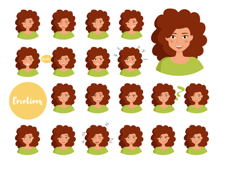 Woman with different emotions. Joy, sadness, anger, talking, funny, fear, smile Set Isolated illustration on white background Vector Cartoon Flatのイラスト素材