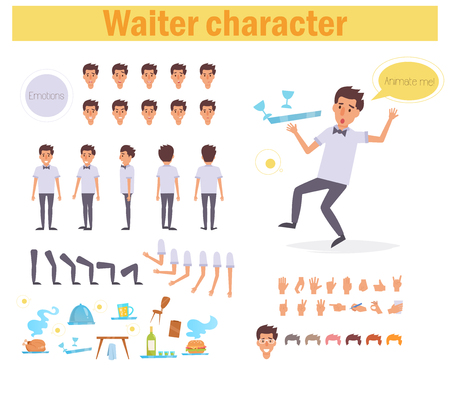 Waiter for animation. Poses front, rear, side, three quarter. Creation set. Collection of emotions. Vector. Cartoon. Isolated art on white background Flatのイラスト素材