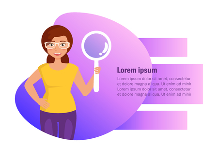 Woman with a magnifying glass Vector. Cartoon. Isolated art on white background. Flatのイラスト素材