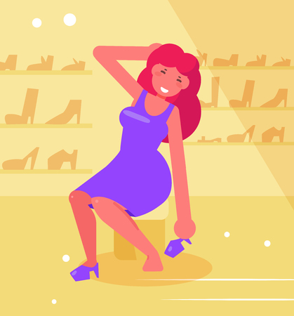 Girl trying on shoes in shoe store Vector. Cartoon. Isolatedのイラスト素材