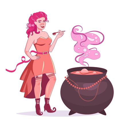 Witch brews a potion. Pin up style. Boots with curved noses Vector. Cartoon. Isolated art on white backgroundのイラスト素材