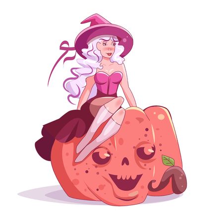 Witch sitting on a pumpkin Vector. Cartoon. Isolated artのイラスト素材