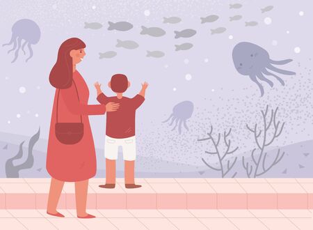 Mother and son in the seaquarium Vector. Cartoon. Isolated art.のイラスト素材