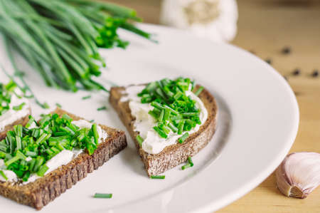 open rye bread sandwiches with fresh cheeses and green onions.