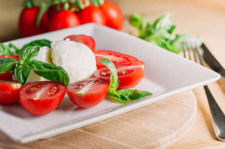 Caprese salad with mozarella cheese, tomatoes and basil on a white plate.