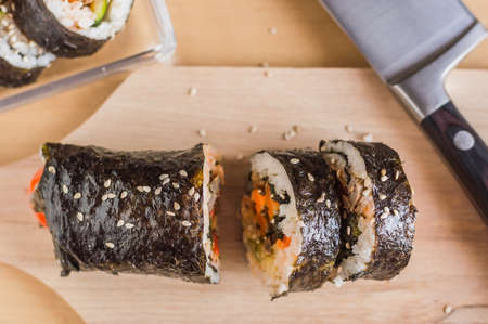 Cut kimbap or gimpab.Traditional Korean rolls with rice,beef,vegetables and omeletteの写真素材