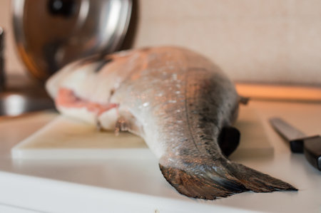 fresh raw salmon on white cutting board