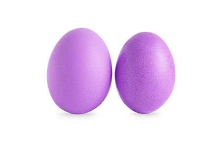 purple easter eggs isolated on white backgroundの写真素材