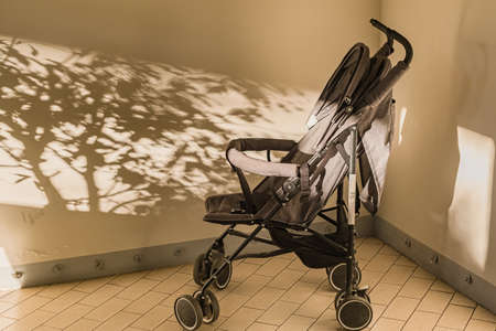 Baby stroller in the entrance of the houseの写真素材