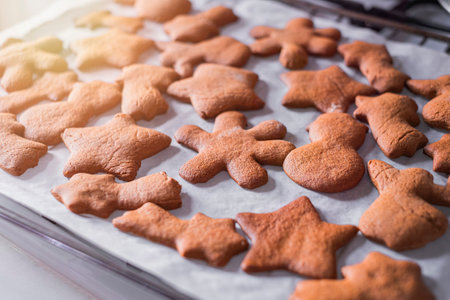 Baked ginger cookies on a white parchment paperの写真素材