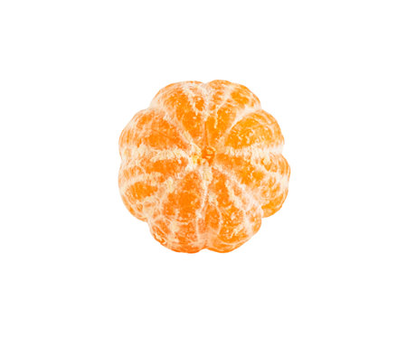 Peeled tangerine or clementine orange fruit isolated on white backgroundの写真素材