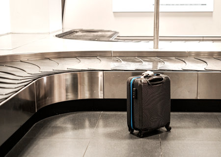 Black suitcase next to the baggage conveyor belt at the airportの写真素材