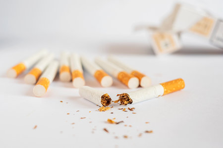 Broken cigarette on white background , World No Tobacco Day Tobacco and lung health concept .