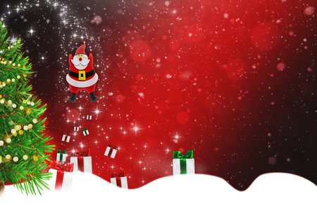 Santa Claus and ornaments Stars character with gift, bag with presents, waving and greeting. For Christmas cards, banners, tags and labels.の写真素材