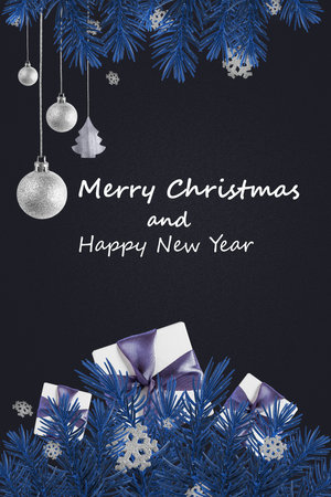 Abstract greeting card with Christmas tree branches, snowflakes, gifts and silver balls.の写真素材