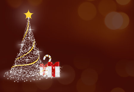 Abstract red greeting card with Christmas tree and gifts. Copy spaceの写真素材