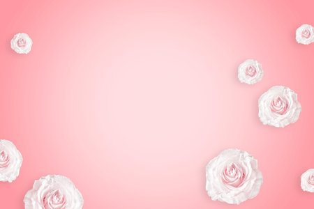 8 March greeting card design with beautiful white roses on pink background, flat lay and space for text. International Womens dayの写真素材