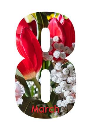 Number 8 greeting card design with beautiful flowers on white background. International Womens dayの写真素材