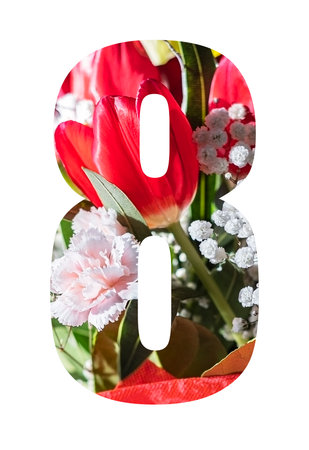 Number 8 greeting card design with beautiful flowers on white background. International Women's day.の写真素材