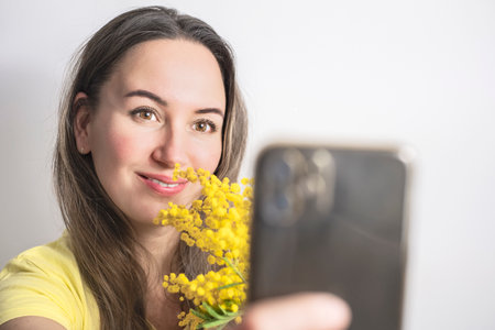 Beautiful young woman with mimosa flowers taking a selfie on white backgroundの写真素材