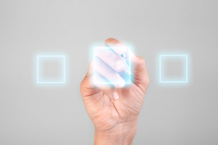 Technology theme hologram over womans hands taking notes background. Concept of Tech. Double exposureの写真素材